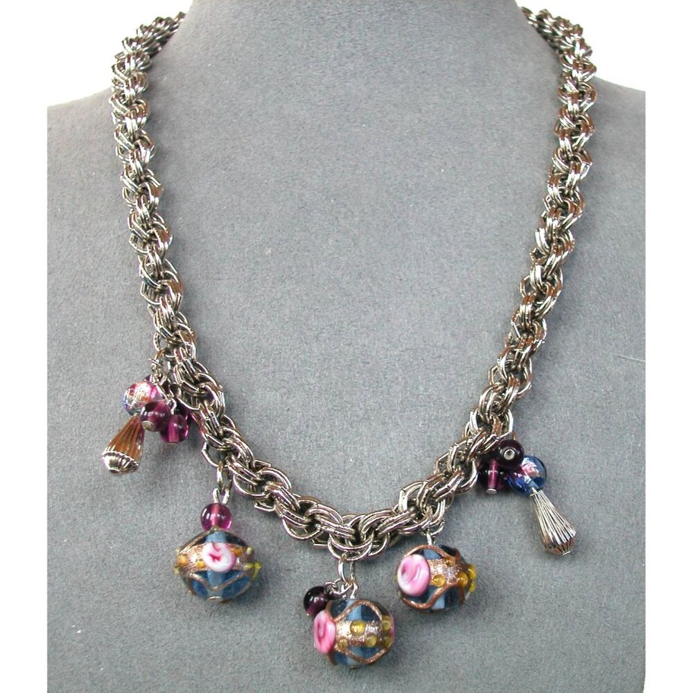 Handmade 16" Chain Necklace With Glass Beads & Lampwork Floral Accents